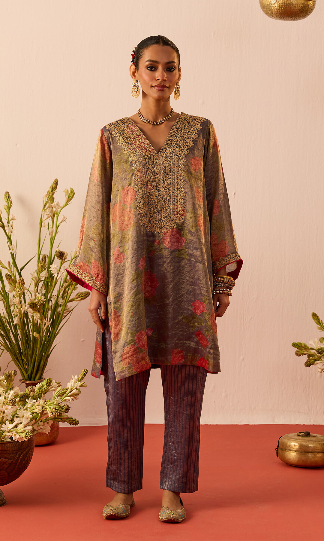 Ziba Set- Blue Printed Tissue Kurta with Pants and Dupatta (set of 3)