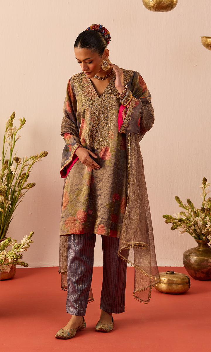 Ziba Set- Blue Printed Tissue Kurta with Pants and Dupatta (set of 3)