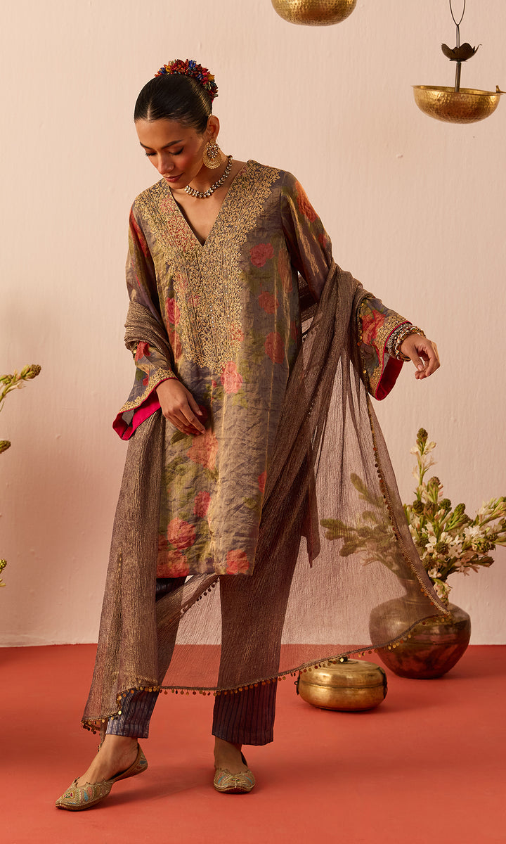 Ziba Set- Blue Printed Tissue Kurta with Pants and Dupatta (set of 3)