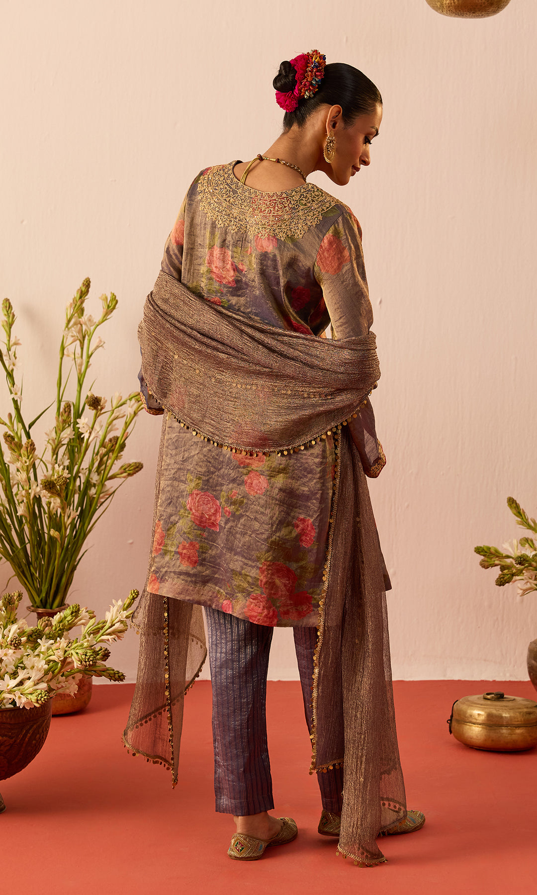 Ziba Set- Blue Printed Tissue Kurta with Pants and Dupatta (set of 3)