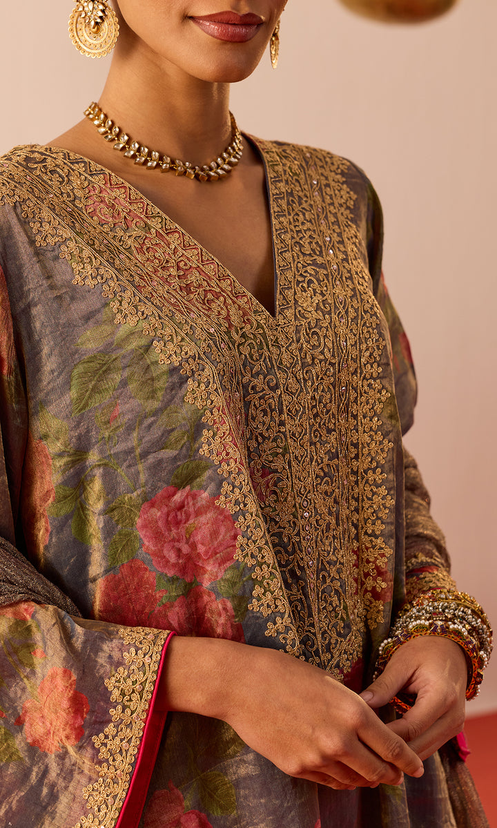 Ziba Set- Blue Printed Tissue Kurta with Pants and Dupatta (set of 3)