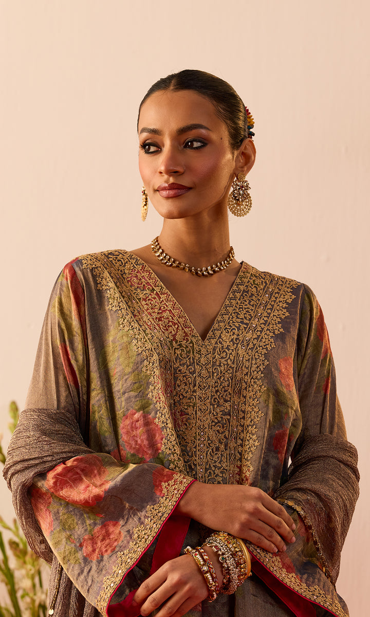 Ziba Set- Blue Printed Tissue Kurta with Pants and Dupatta (set of 3)