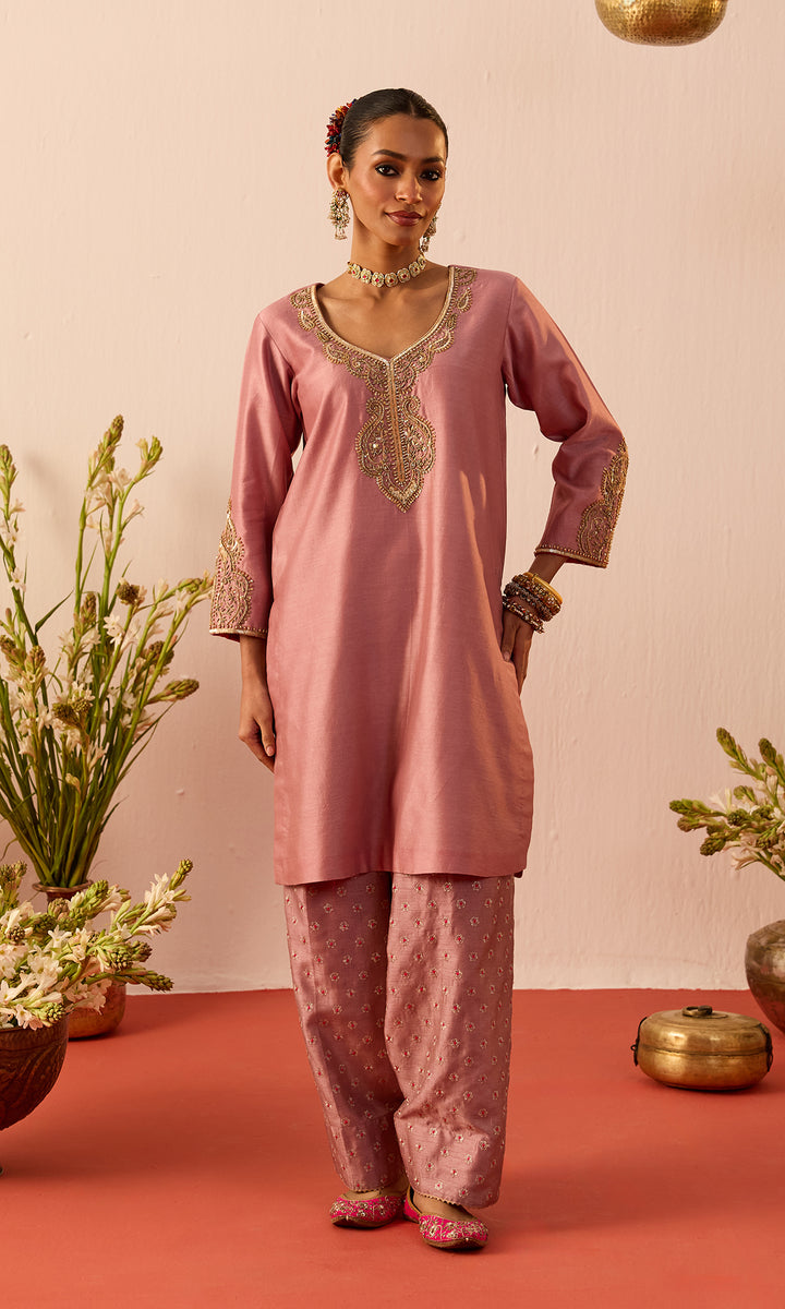 Laleh Set- Mustard Hand Embroidered Kurta with Farshi Salwar and Dupatta (set of 3)