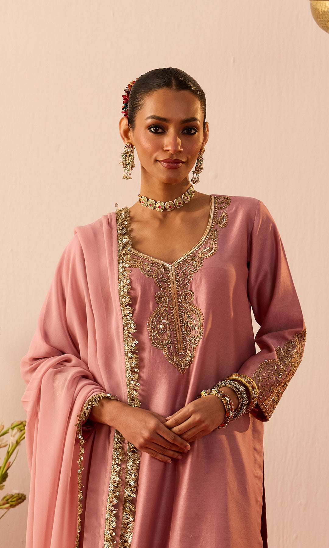 Laleh Set- Mustard Hand Embroidered Kurta with Farshi Salwar and Dupatta (set of 3)