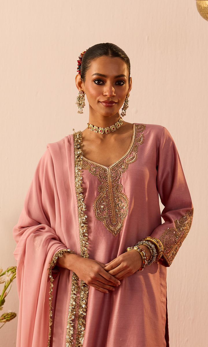 Laleh Set- Mustard Hand Embroidered Kurta with Farshi Salwar and Dupatta (set of 3)