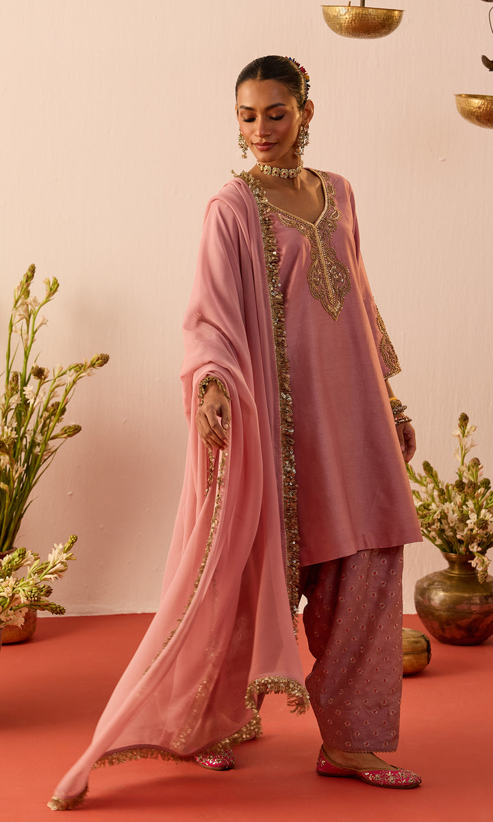 Laleh Set- Mustard Hand Embroidered Kurta with Farshi Salwar and Dupatta (set of 3)