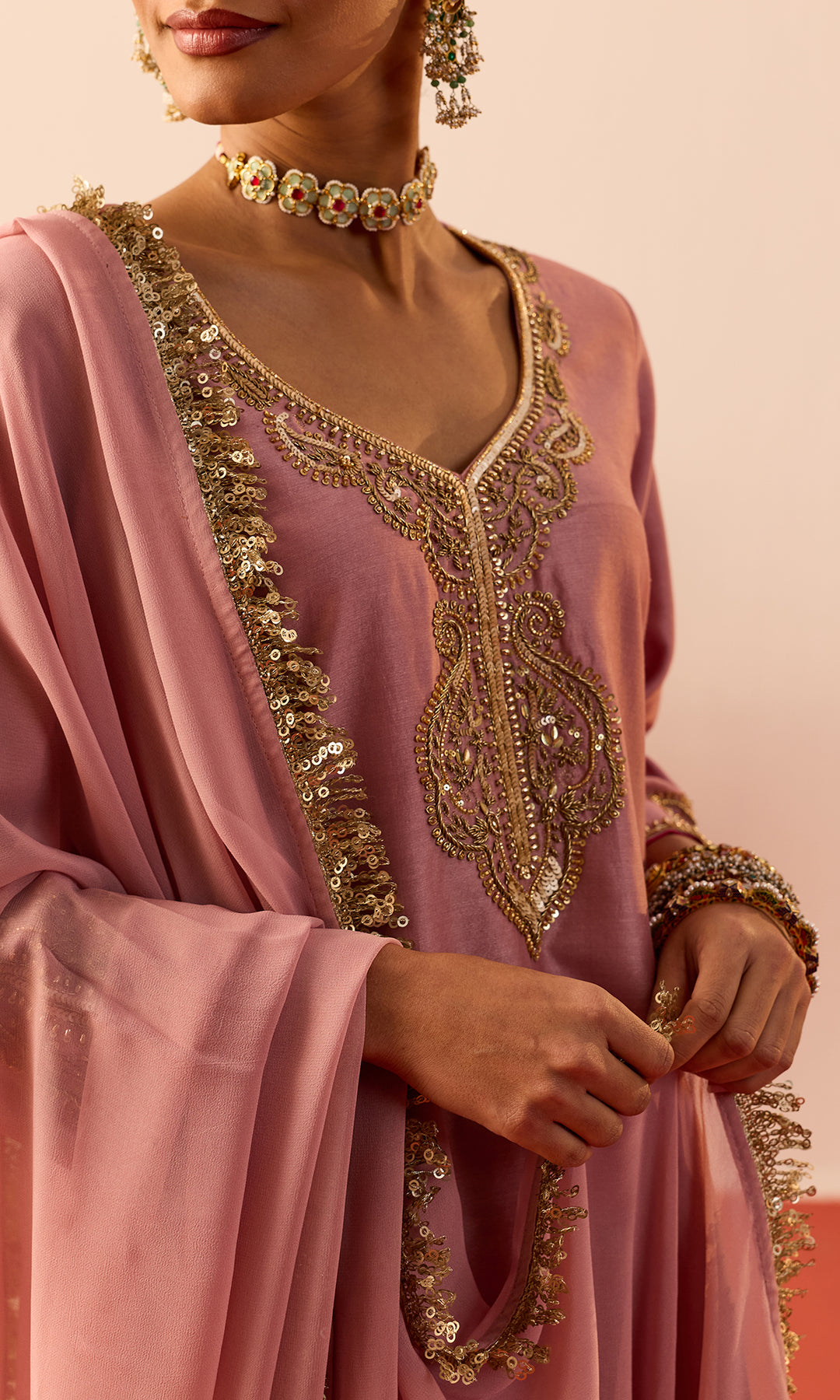 Laleh Set- Mustard Hand Embroidered Kurta with Farshi Salwar and Dupatta (set of 3)