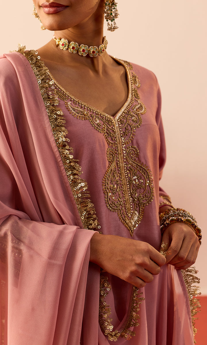 Laleh Set- Mustard Hand Embroidered Kurta with Farshi Salwar and Dupatta (set of 3)