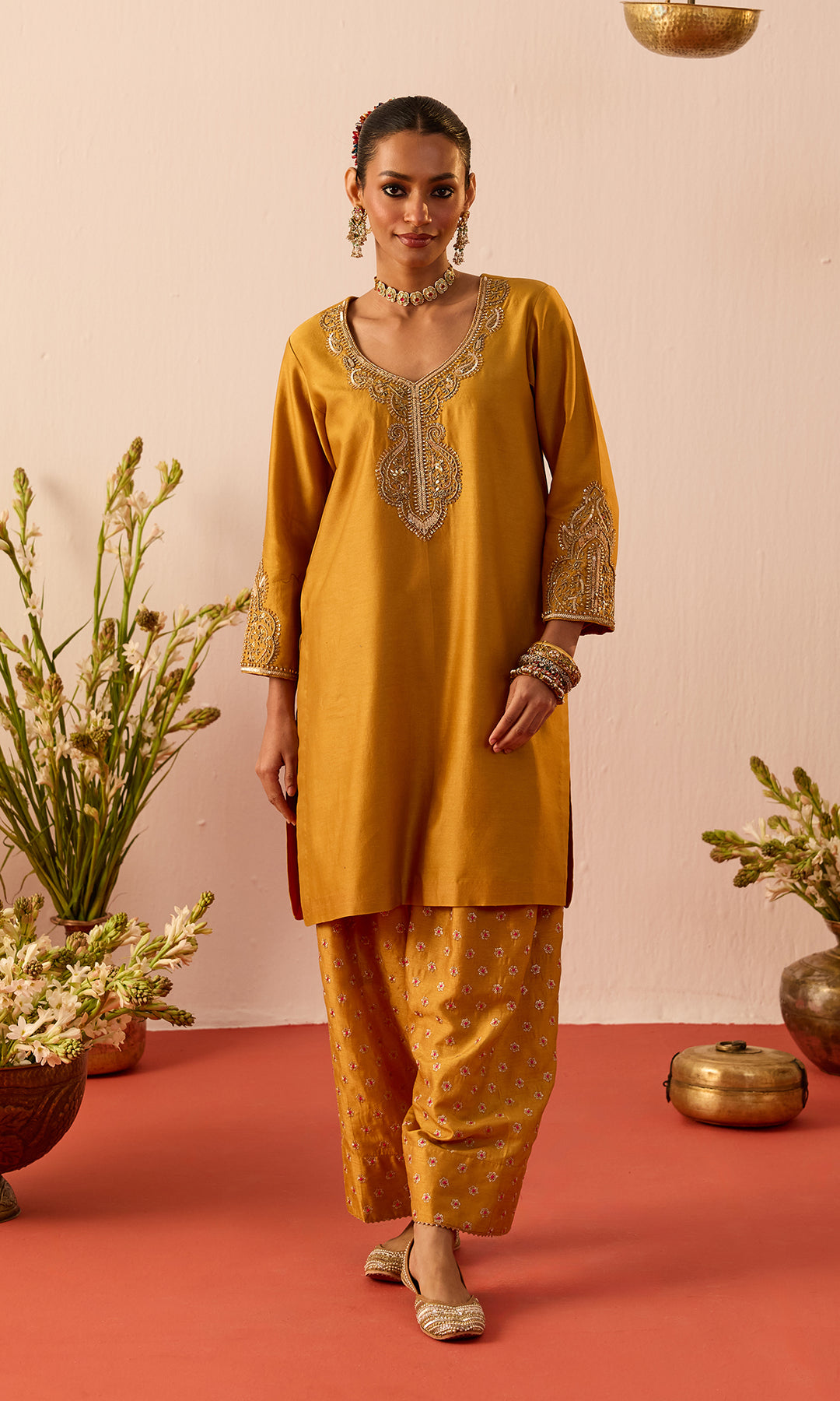 Laleh Set- Mustard Hand Embroidered Kurta with Farshi Salwar and Dupatta (set of 3)