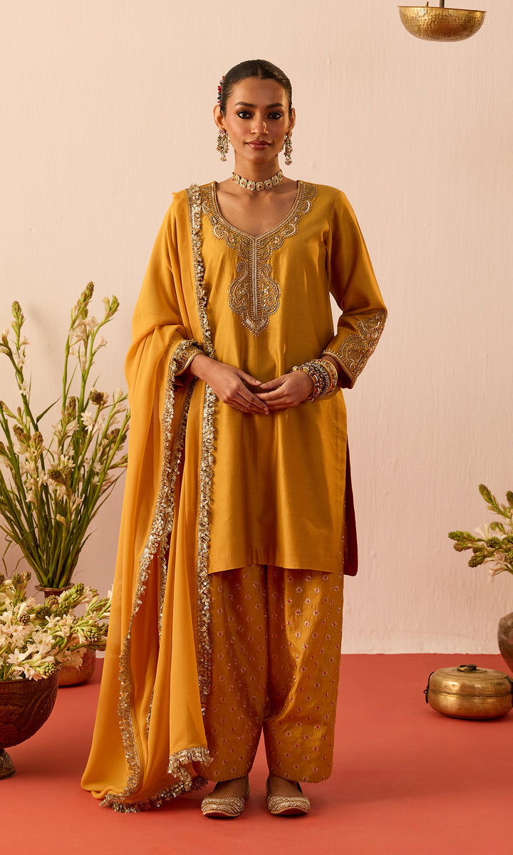 Laleh Set- Mustard Hand Embroidered Kurta with Farshi Salwar and Dupatta (set of 3)