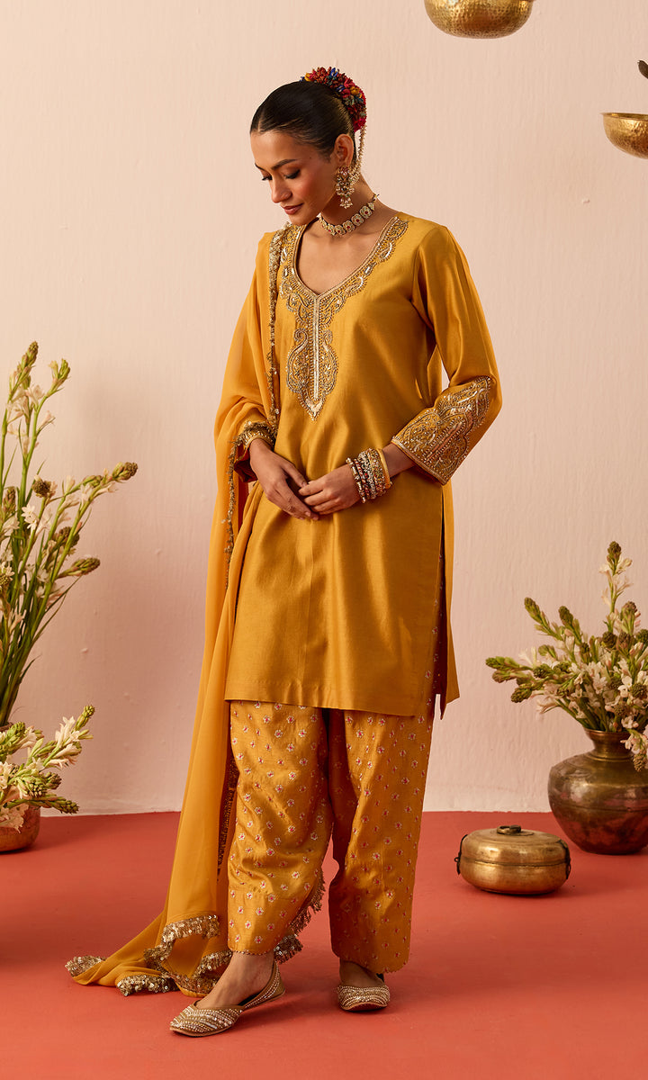 Laleh Set- Mustard Hand Embroidered Kurta with Farshi Salwar and Dupatta (set of 3)