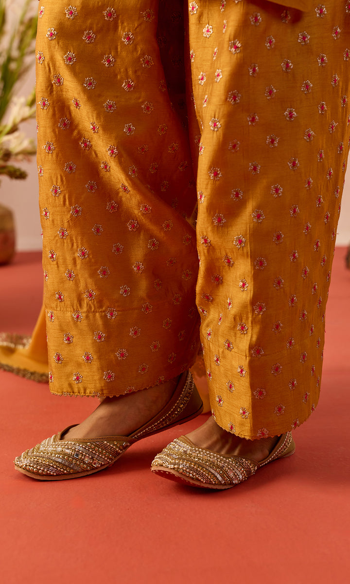 Laleh Set- Mustard Hand Embroidered Kurta with Farshi Salwar and Dupatta (set of 3)