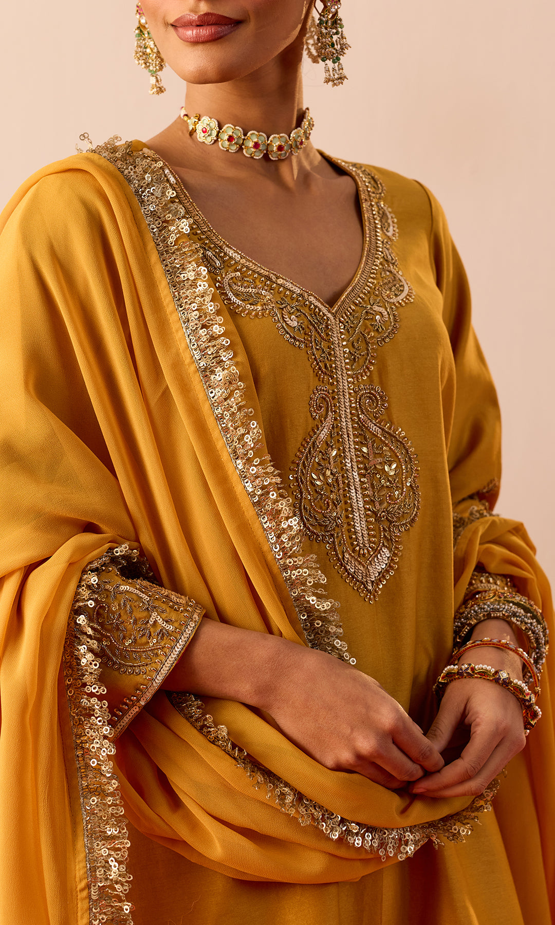 Laleh Set- Mustard Hand Embroidered Kurta with Farshi Salwar and Dupatta (set of 3)