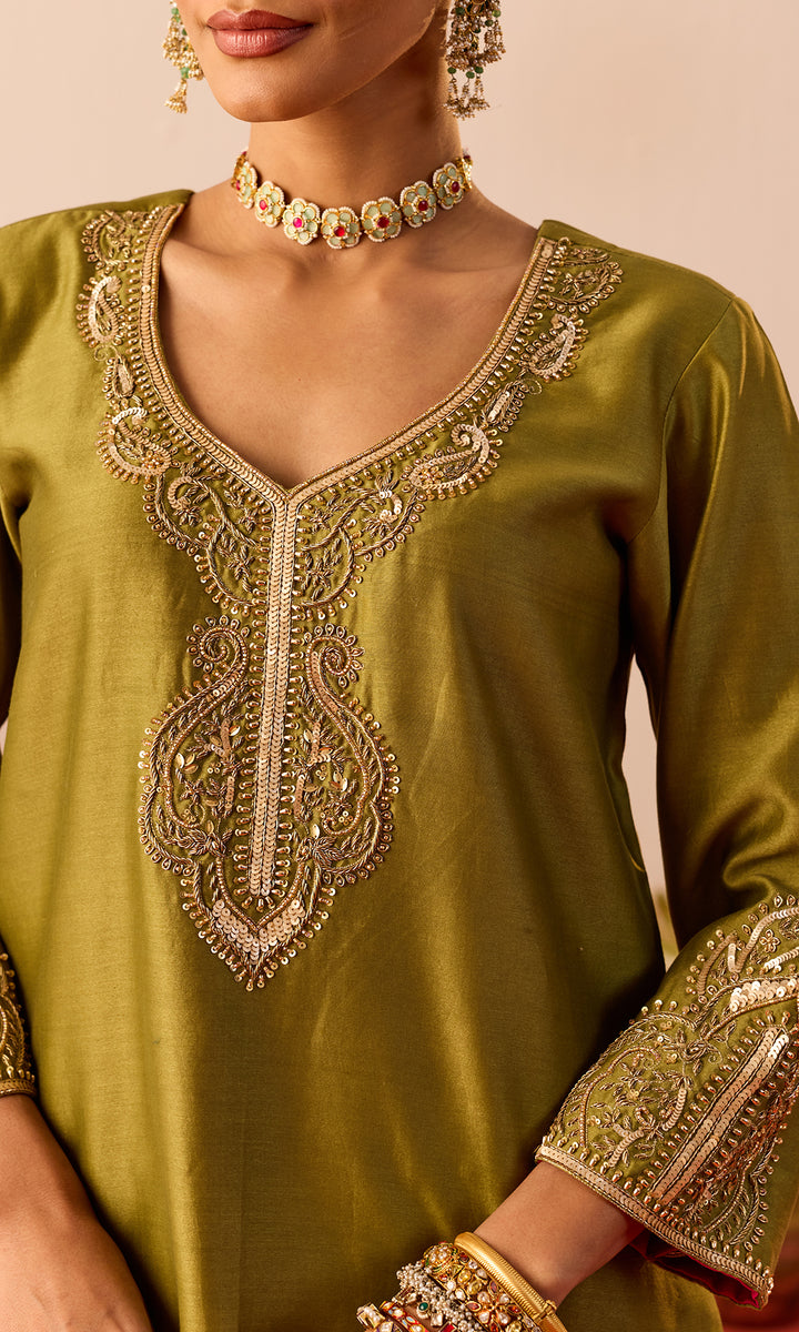 Laleh Set- Mustard Hand Embroidered Kurta with Farshi Salwar and Dupatta (set of 3)