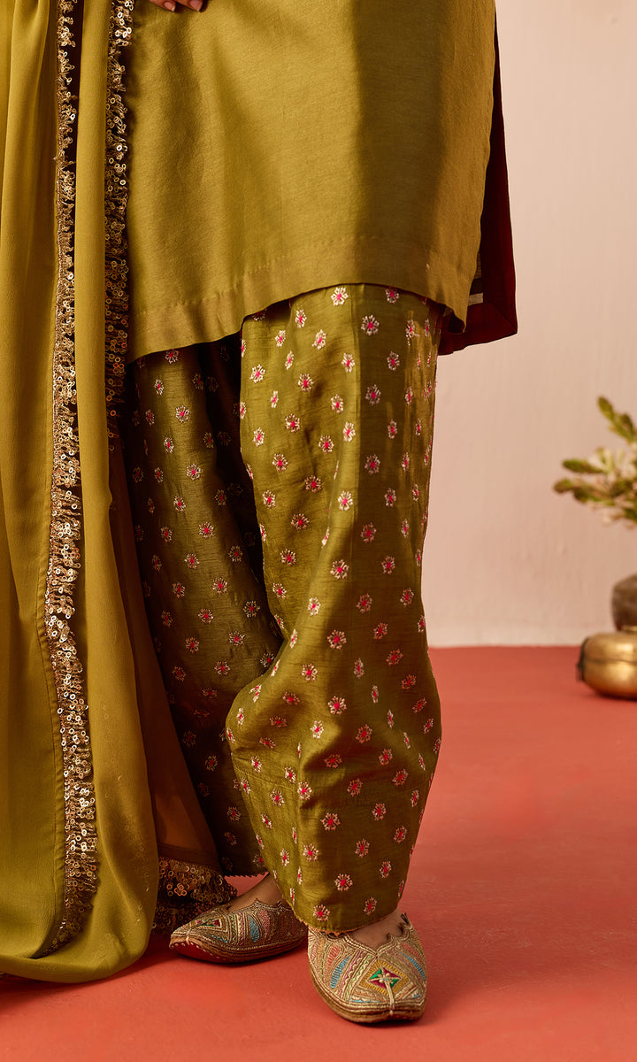 Laleh Set- Mustard Hand Embroidered Kurta with Farshi Salwar and Dupatta (set of 3)