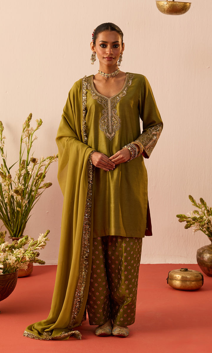 Laleh Set- Mustard Hand Embroidered Kurta with Farshi Salwar and Dupatta (set of 3)