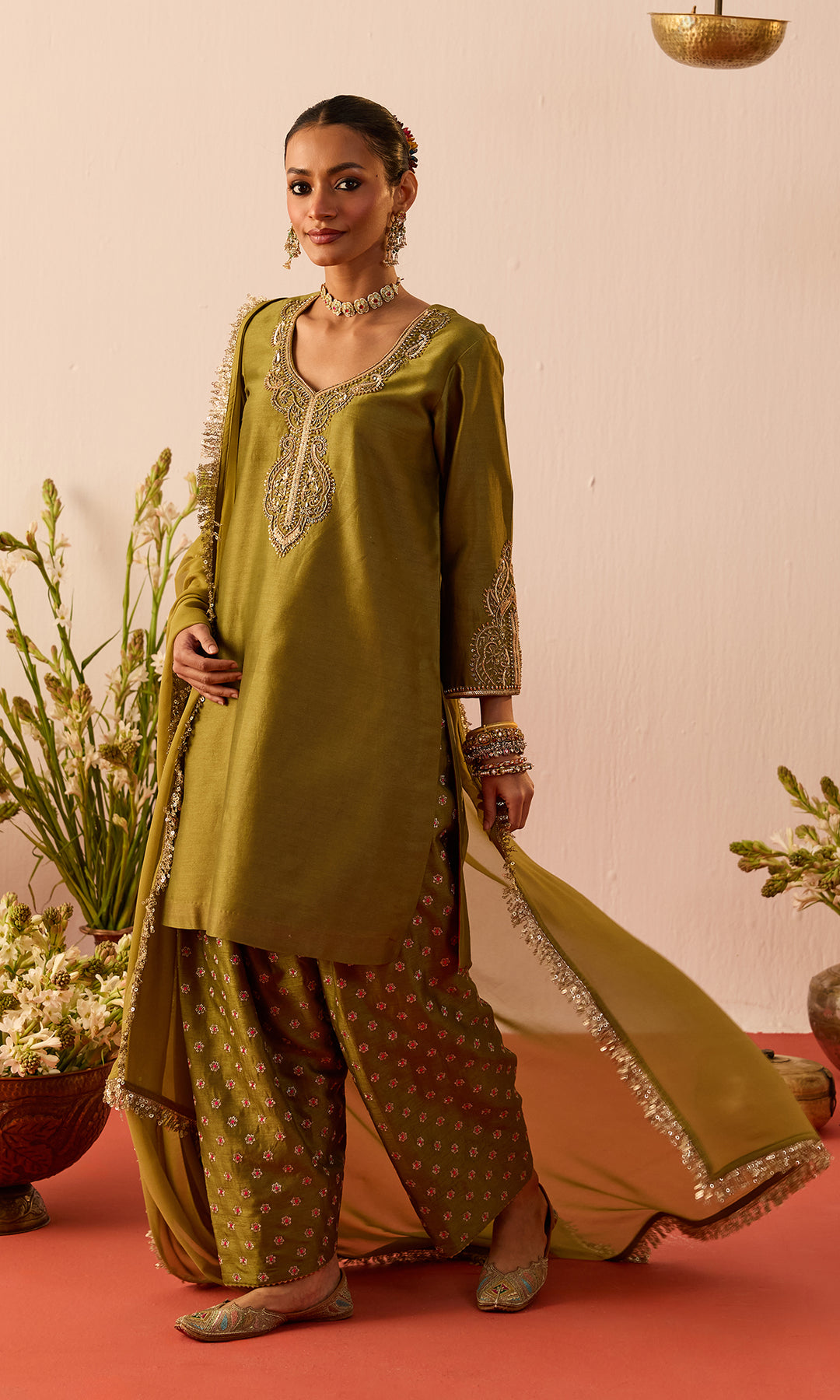 Laleh Set- Mustard Hand Embroidered Kurta with Farshi Salwar and Dupatta (set of 3)