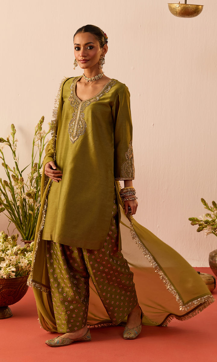 Laleh Set- Mustard Hand Embroidered Kurta with Farshi Salwar and Dupatta (set of 3)