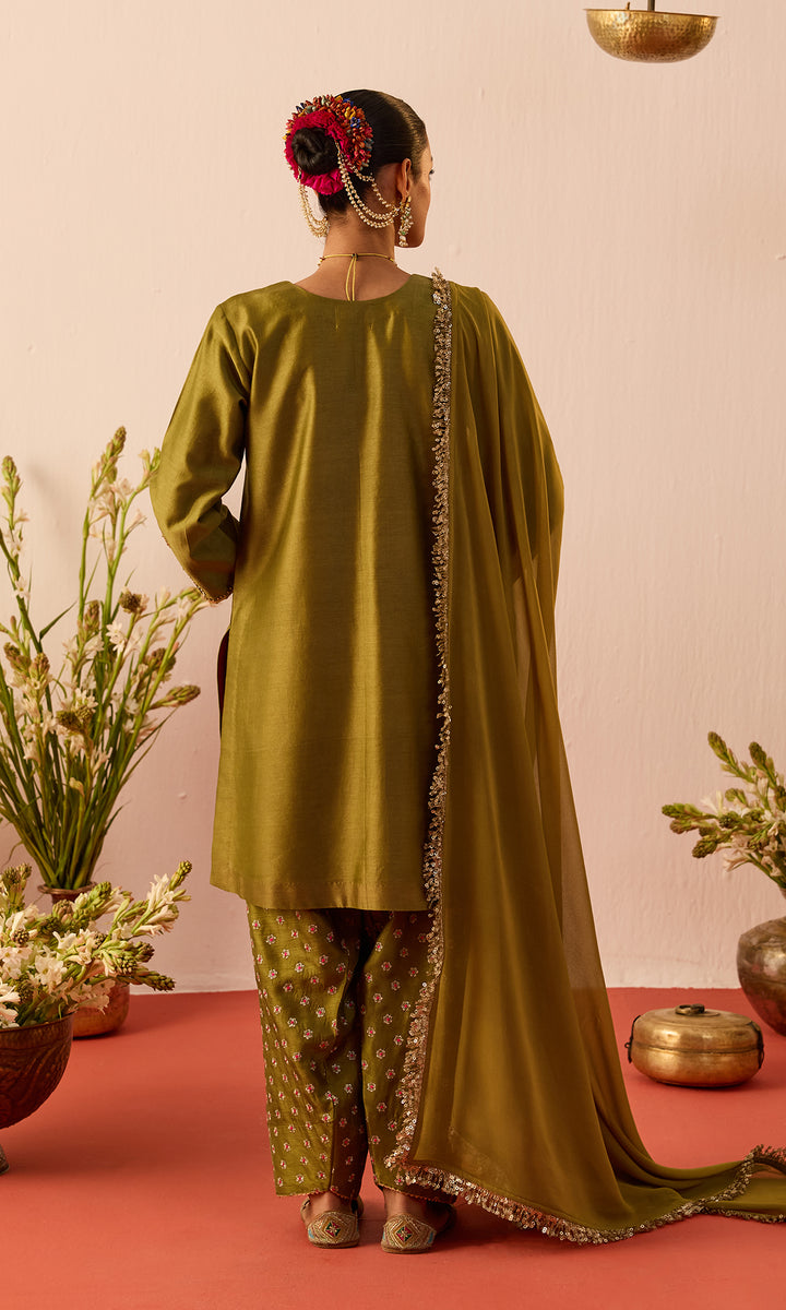 Laleh Set- Mustard Hand Embroidered Kurta with Farshi Salwar and Dupatta (set of 3)