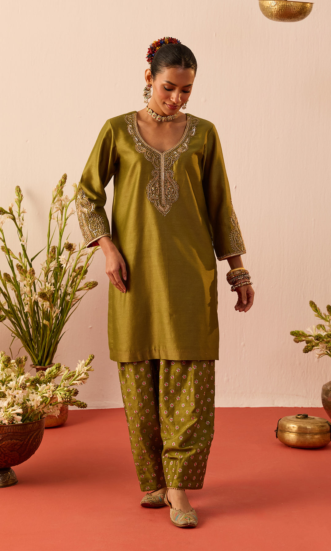 Laleh Set- Mustard Hand Embroidered Kurta with Farshi Salwar and Dupatta (set of 3)