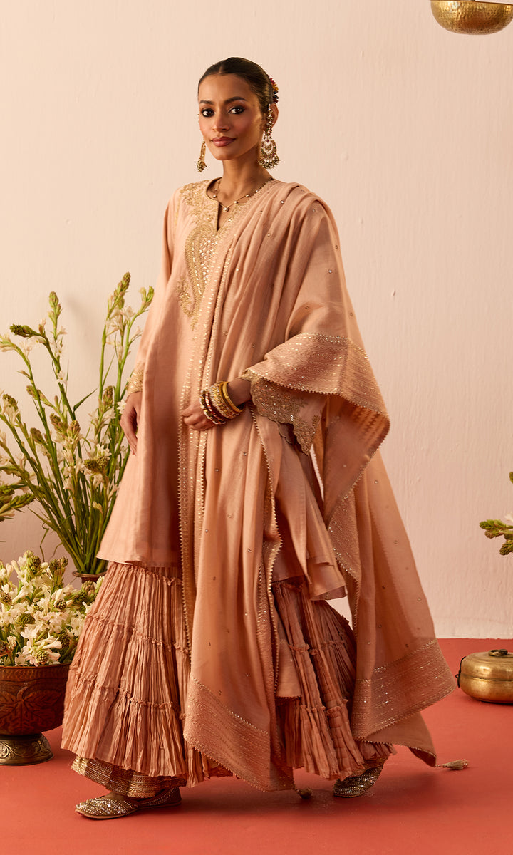 Nava Set- Mustard Chanderi Hand Embroidered Double Layered Sharara Set (Set of 3)