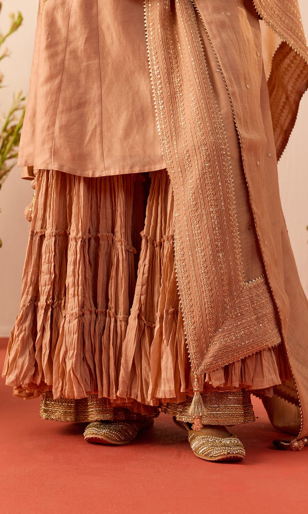 Nava Set- Mustard Chanderi Hand Embroidered Double Layered Sharara Set (Set of 3)