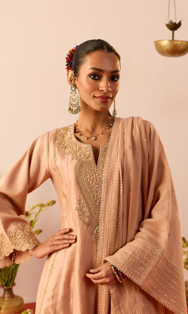 Nava Set- Mustard Chanderi Hand Embroidered Double Layered Sharara Set (Set of 3)