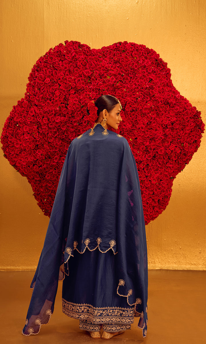 Rayhana Set- Navy Blue Chanderi A-Line Embroidered Kurta with Pants and Dupatta (Set of 3)