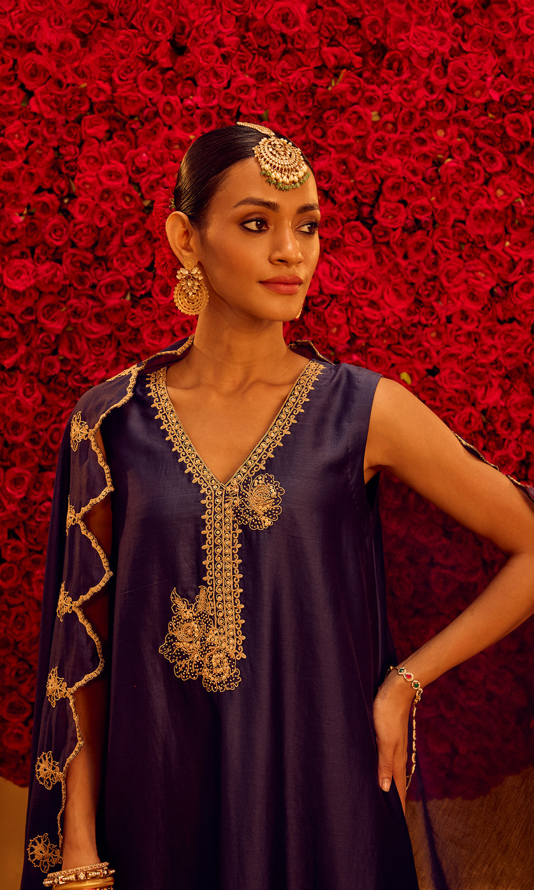 Rayhana Set- Navy Blue Chanderi A-Line Embroidered Kurta with Pants and Dupatta (Set of 3)