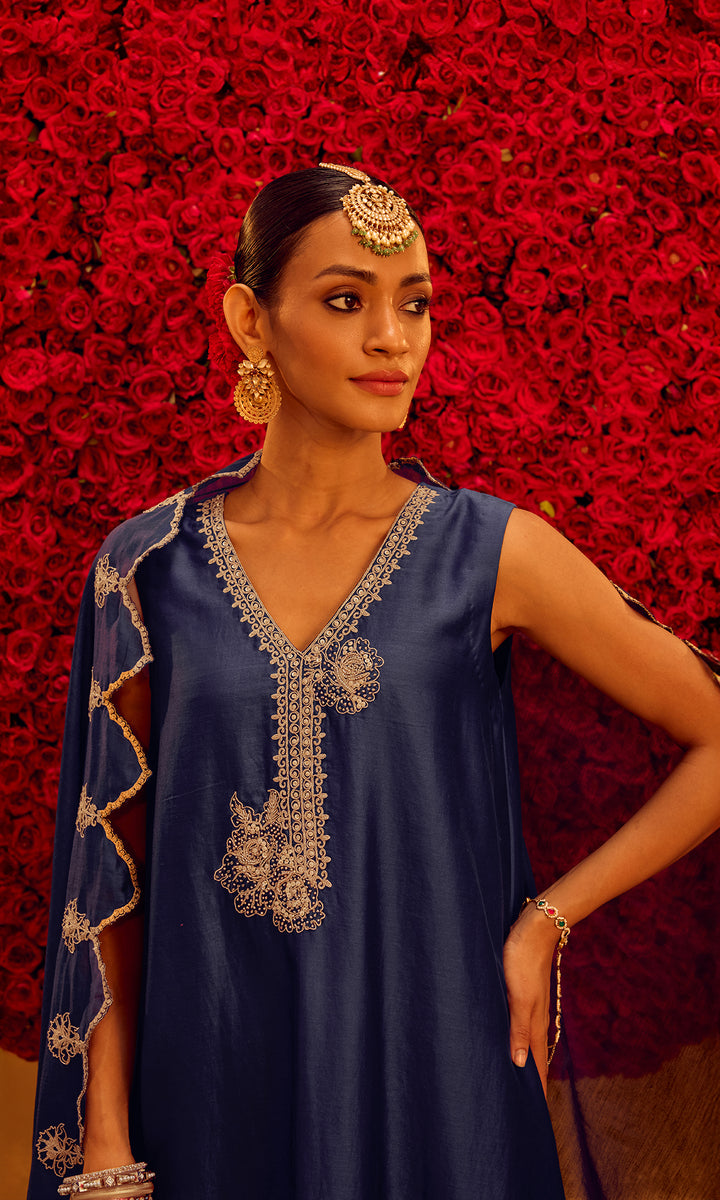 Rayhana Set- Navy Blue Chanderi A-Line Embroidered Kurta with Pants and Dupatta (Set of 3)