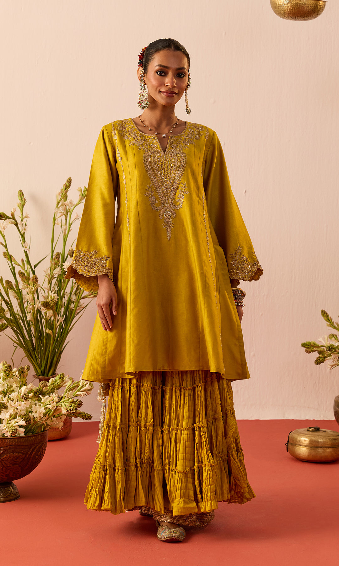 Nava Set- Mustard Chanderi Hand Embroidered Double Layered Sharara Set (Set of 3)