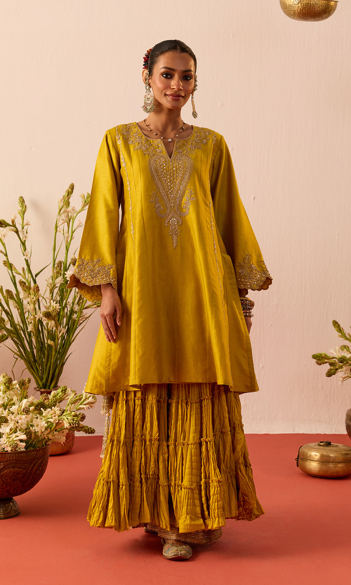 Nava Set- Mustard Chanderi Hand Embroidered Double Layered Sharara Set (Set of 3)