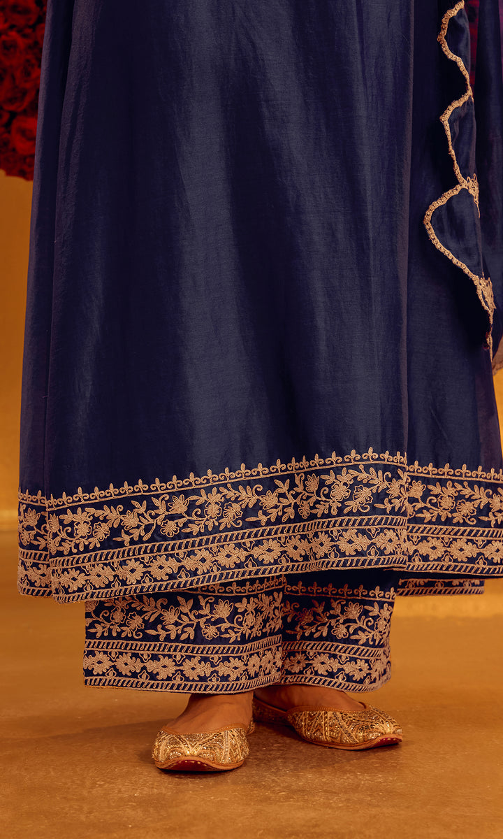 Rayhana Set- Navy Blue Chanderi A-Line Embroidered Kurta with Pants and Dupatta (Set of 3)