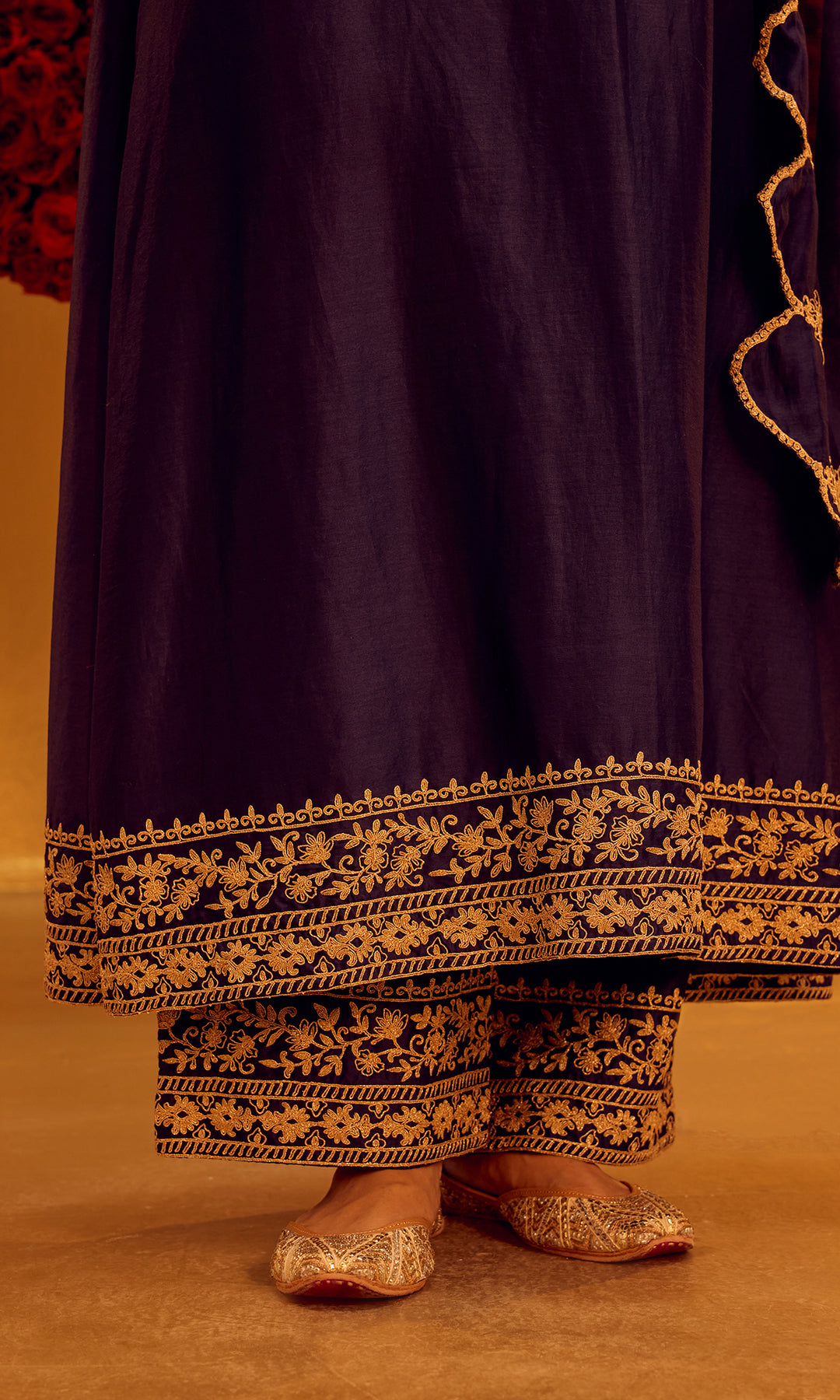 Rayhana Set- Navy Blue Chanderi A-Line Embroidered Kurta with Pants and Dupatta (Set of 3)