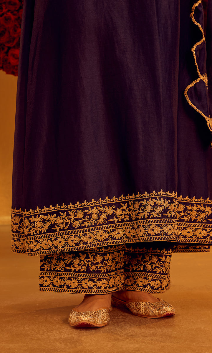 Rayhana Set- Navy Blue Chanderi A-Line Embroidered Kurta with Pants and Dupatta (Set of 3)
