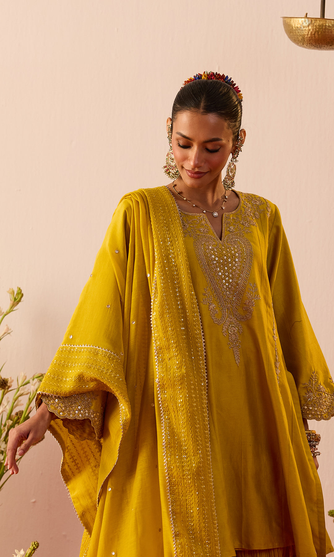 Nava Set- Mustard Chanderi Hand Embroidered Double Layered Sharara Set (Set of 3)