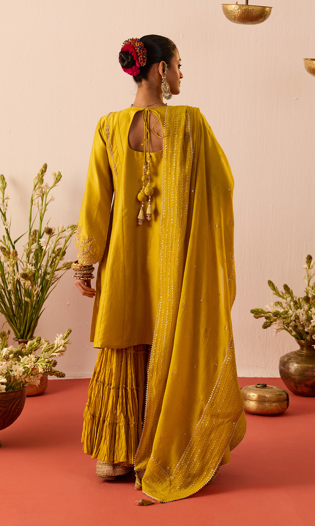 Nava Set- Mustard Chanderi Hand Embroidered Double Layered Sharara Set (Set of 3)