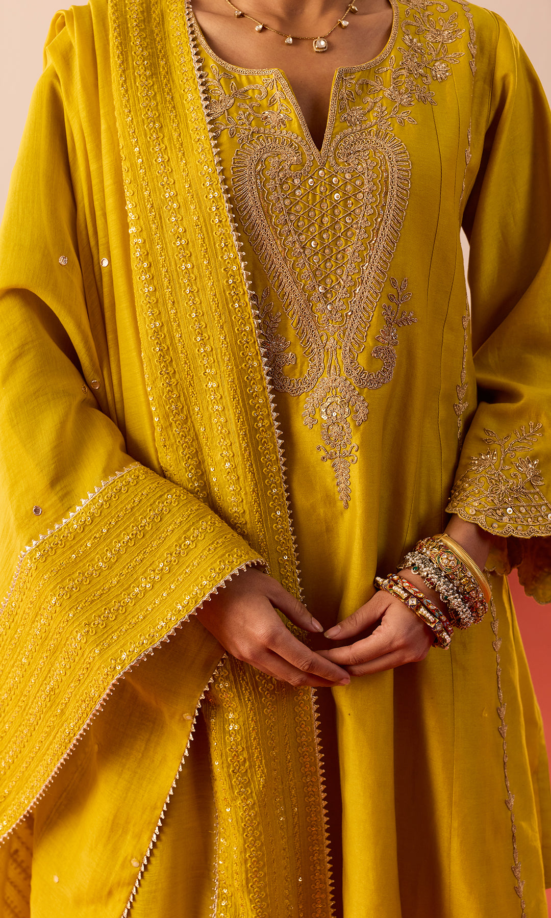 Nava Set- Mustard Chanderi Hand Embroidered Double Layered Sharara Set (Set of 3)