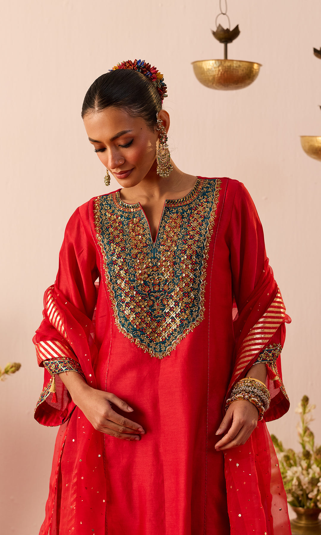 Zarmina Set- Purple Chanderi Kalidar Kurta with Pants and Dupatta (set of 3)