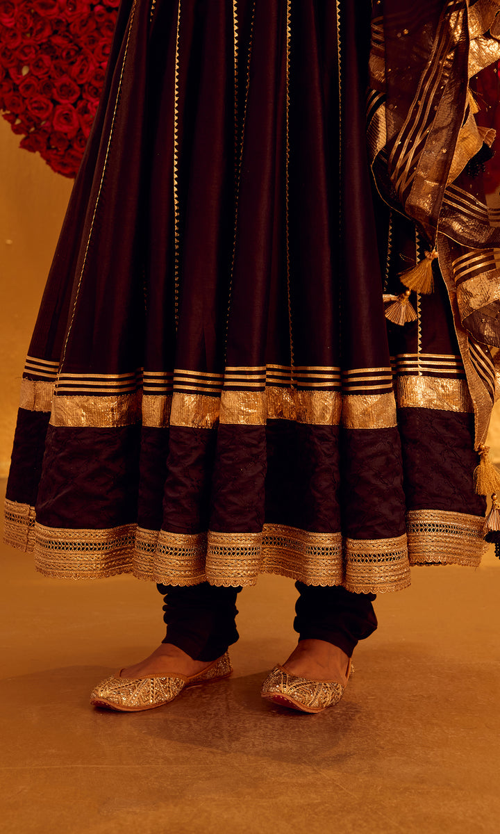 Haleesa Set- Black Chanderi Anarkali with Churidar and Dupatta (Set of 3)