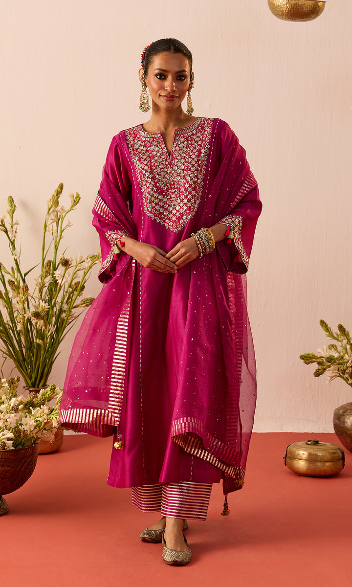 Zarmina Set- Purple Chanderi Kalidar Kurta with Pants and Dupatta (set of 3)