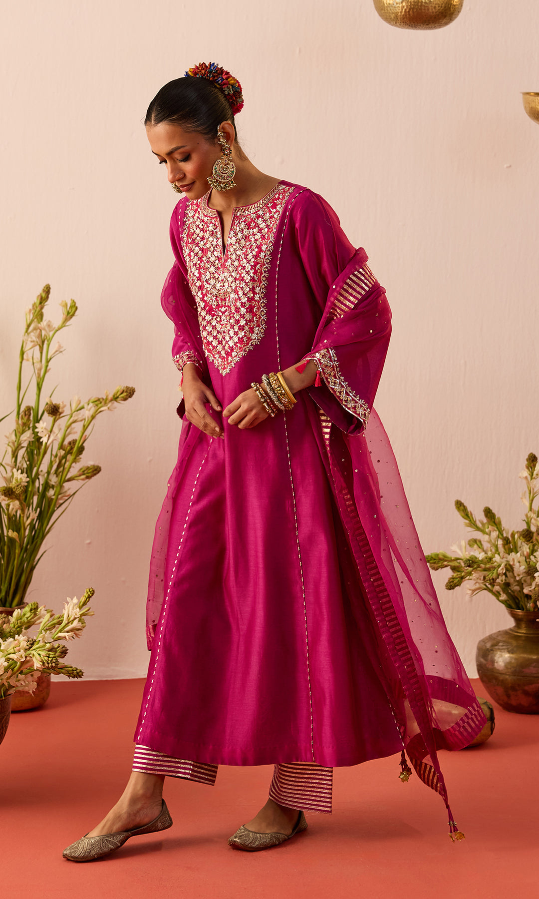 Zarmina Set- Purple Chanderi Kalidar Kurta with Pants and Dupatta (set of 3)