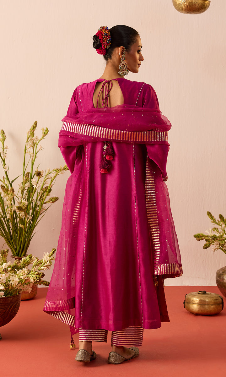 Zarmina Set- Purple Chanderi Kalidar Kurta with Pants and Dupatta (set of 3)