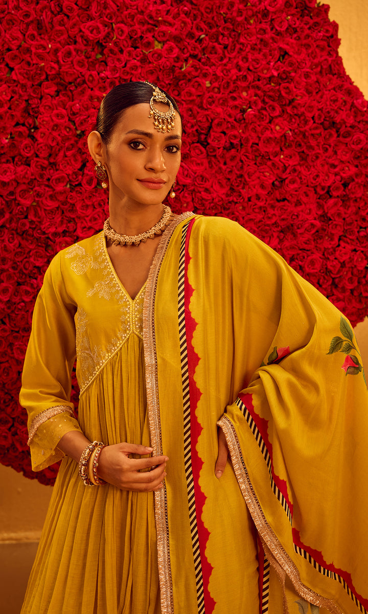 Nazma Set- Mustard Chanderi Embroidered Sharara Set (Set of 3)