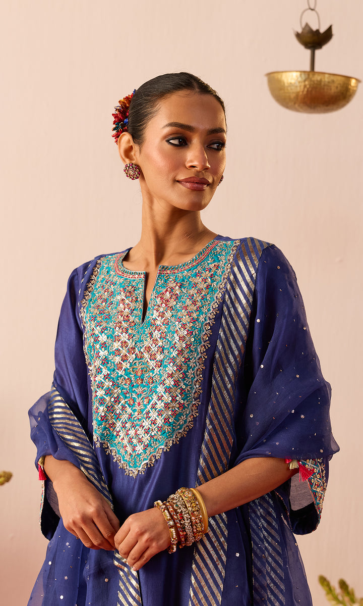 Zarmina Set- Purple Chanderi Kalidar Kurta with Pants and Dupatta (set of 3)