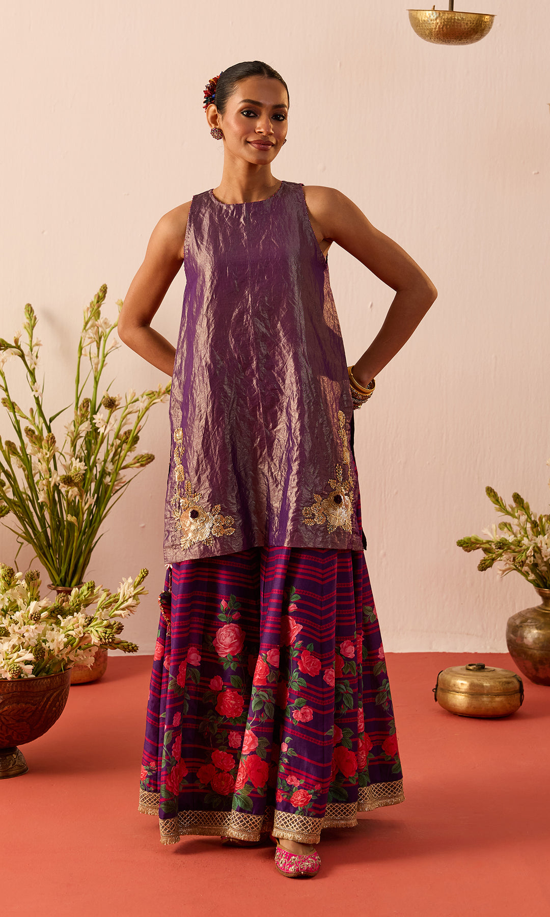 Nazli Set- Lilac Tissue Embroidered Sharara set (set of 3)