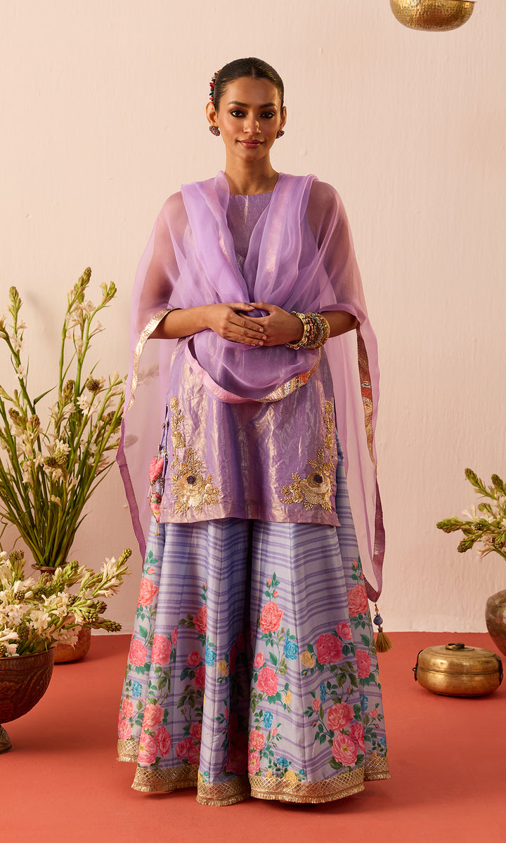 Nazli Set- Lilac Tissue Embroidered Sharara set (set of 3)