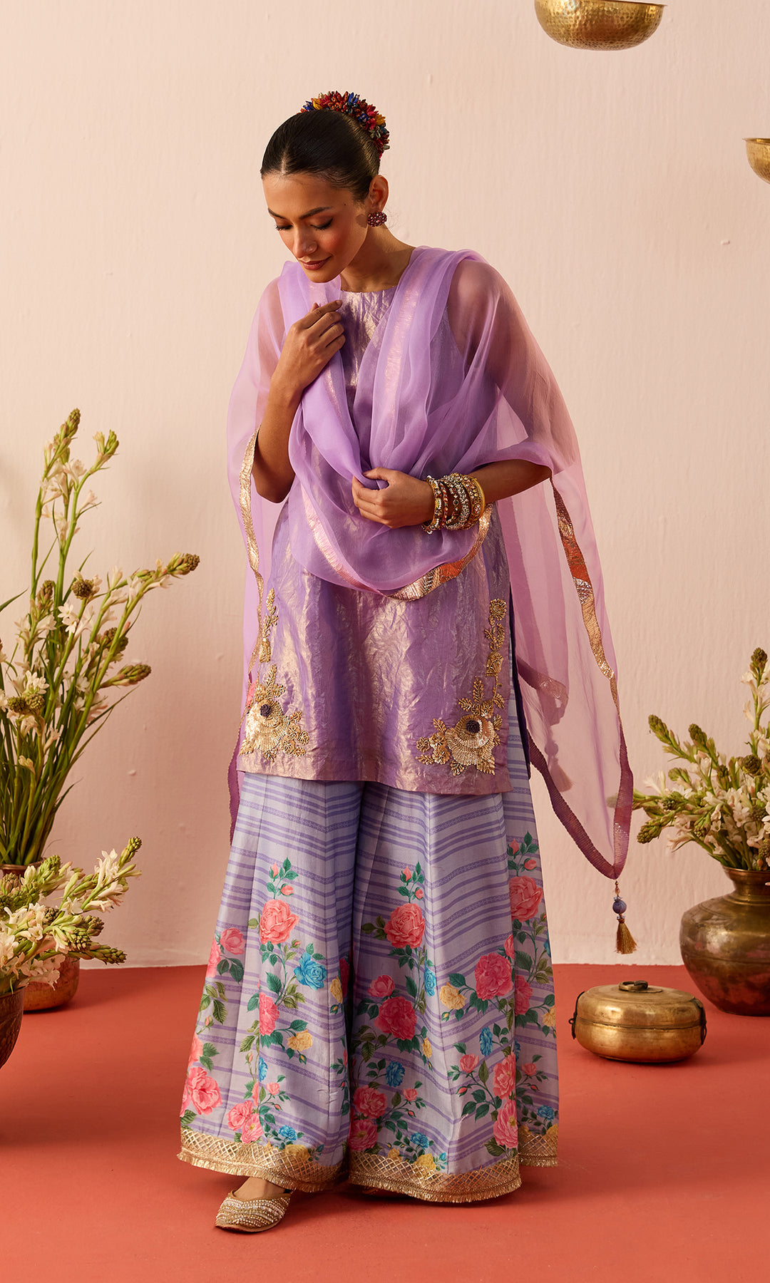 Nazli Set- Lilac Tissue Embroidered Sharara set (set of 3)