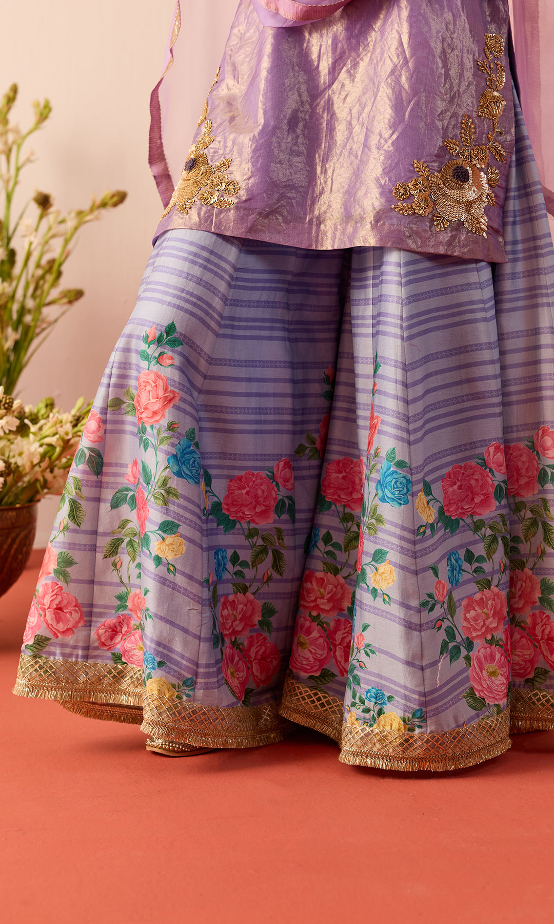 Nazli Set- Lilac Tissue Embroidered Sharara set (set of 3)