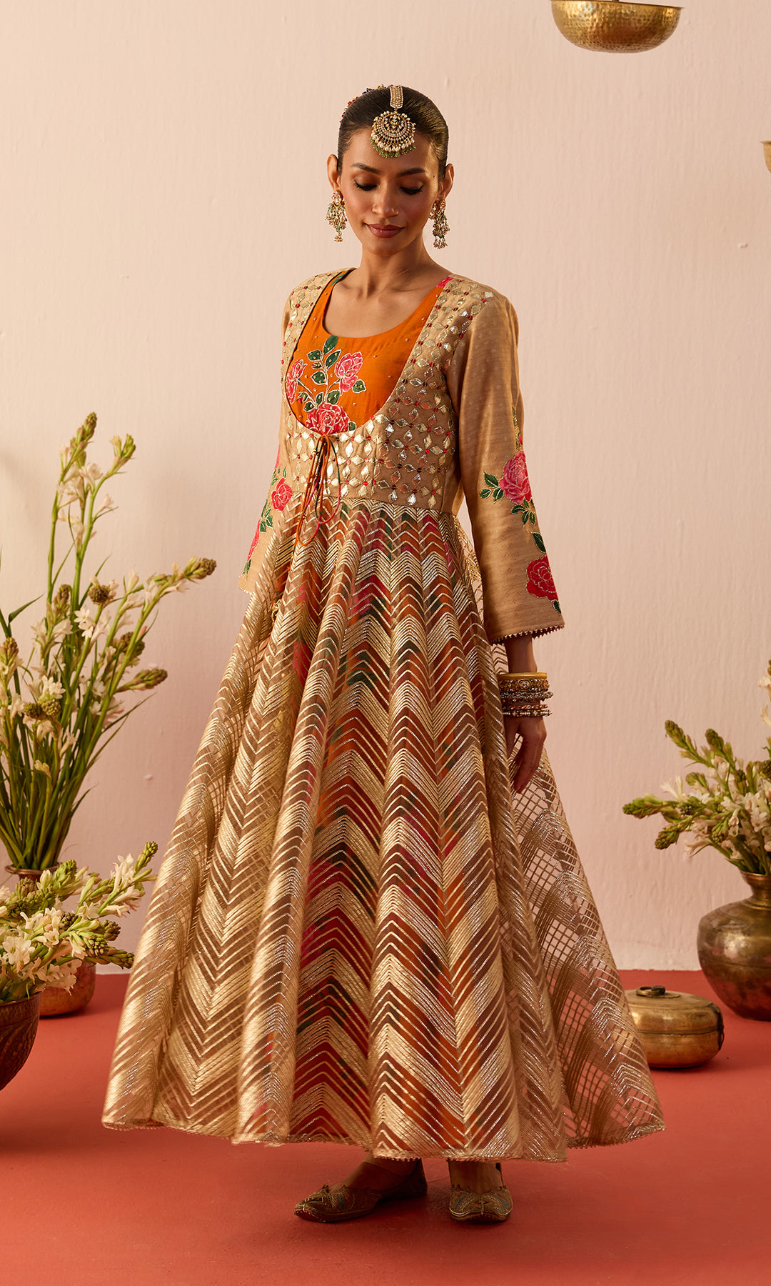 Setareh Set- Orange and Gold Gota Anarkali with Churidar and Dupatta (set of 3)